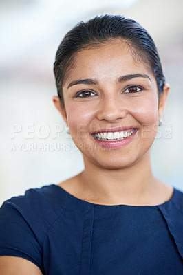 Buy stock photo Confident, business and portrait of woman with smile, consultant or project manager at creative agency. About us, office and happy face of businesswoman with opportunity, trust and pride at startup.