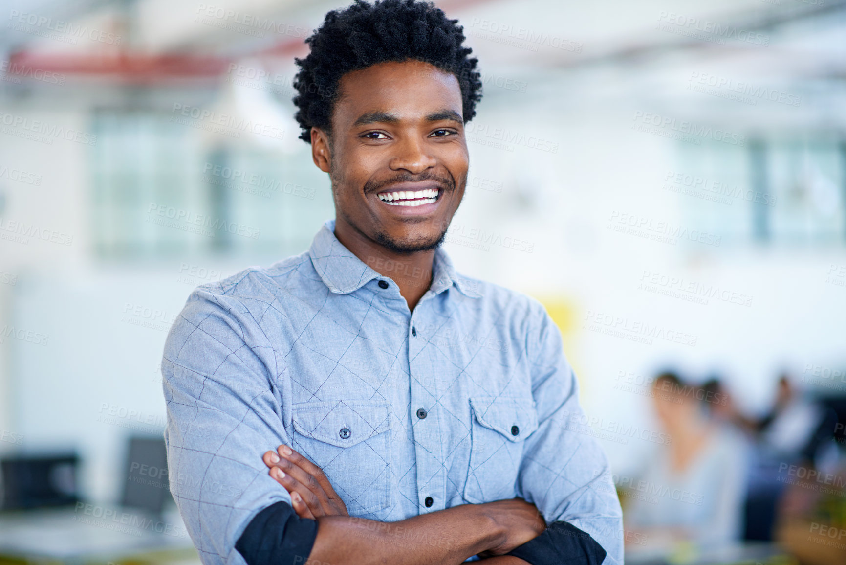 Buy stock photo Confidence, creative and portrait of black man in office with smile, trust and project manager at agency. About us, design and happy businessman with opportunity, arms crossed and pride at startup