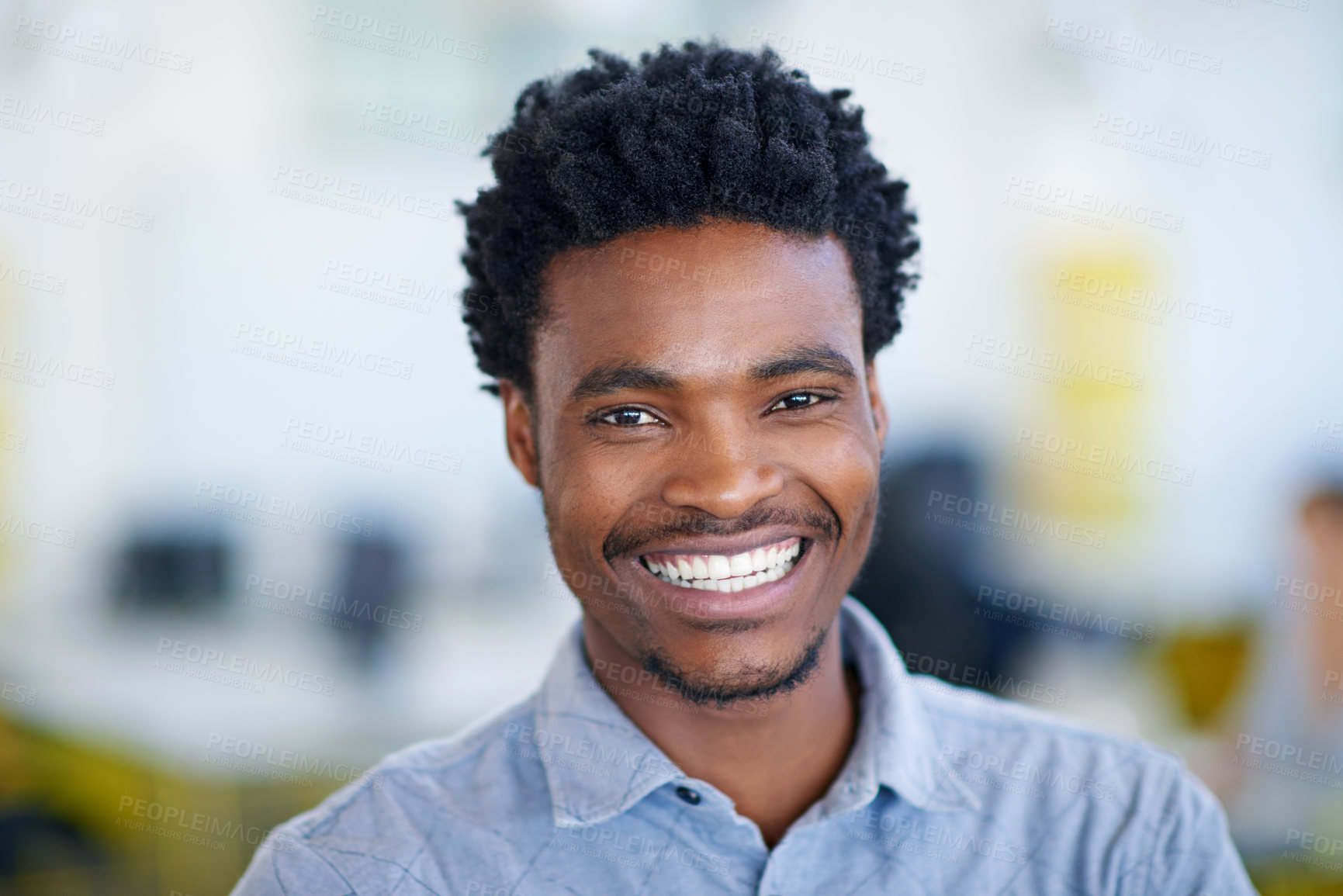 Buy stock photo Business, creative and portrait of black man with smile, confidence and project manager at agency. About us, design office and happy face of businessman with opportunity, trust and pride at startup