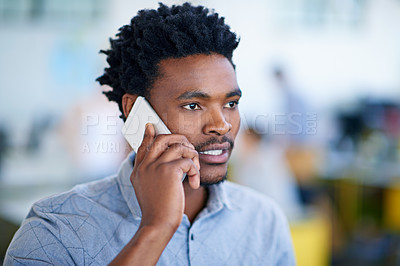 Buy stock photo Office, creative and black man with phone call for networking, planning and contact at design startup. Conversation, chat and businessman with smartphone for discussion, negotiation or communication