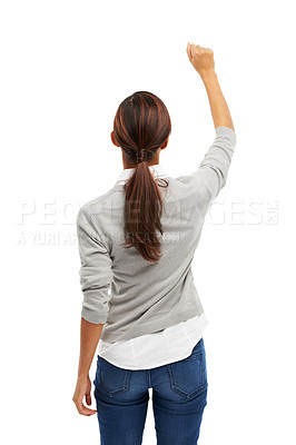 Buy stock photo Business woman, back and fist in studio for protest, justice and call to action with white background. Female person, hands and rally for empowerment, gender equality and human rights with change