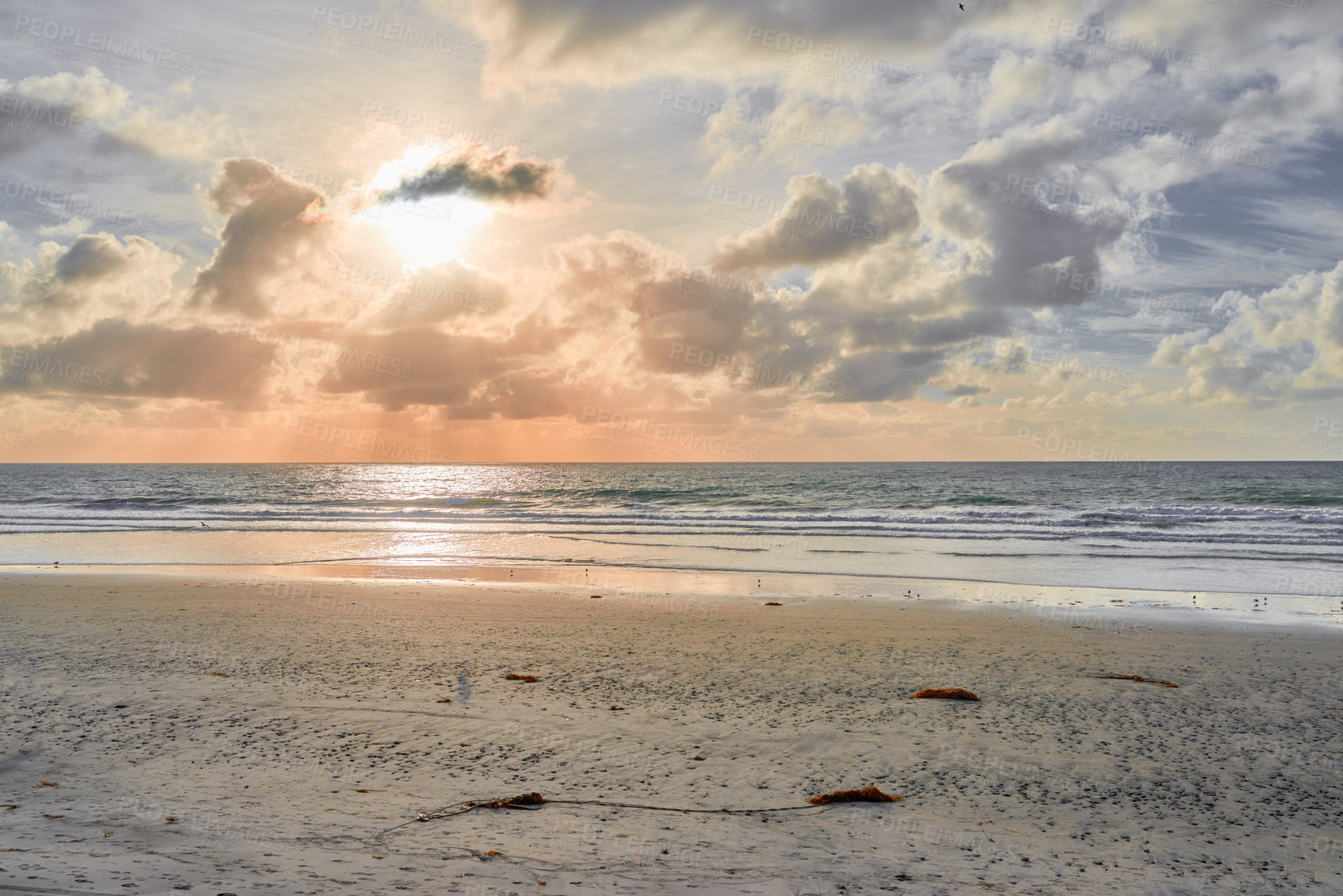 Buy stock photo Beach, ocean and sunshine horizon with clouds, nature and Florida destination for relaxing or calm holiday. Summer, sunset and tranquil water with sea sand, outdoor and vacation for getaway trip