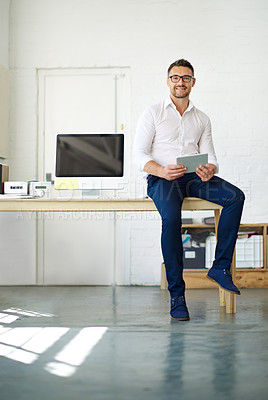 Buy stock photo Full length portrait of a businessman working on a digital tablet in his office