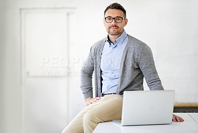 Buy stock photo Laptop, office and portrait of businessman with glasses for it support in startup company. Smile, pride and male software engineer with computer for troubleshooting online for cloud computing systems