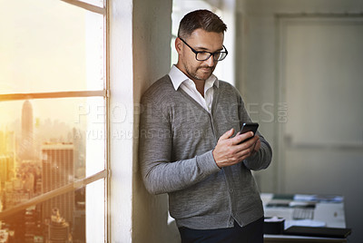 Buy stock photo Phone, business man and typing online for communication, networking or research information. Mobile tech, scroll and office worker reading email for project results with SEO specialist on lens flare