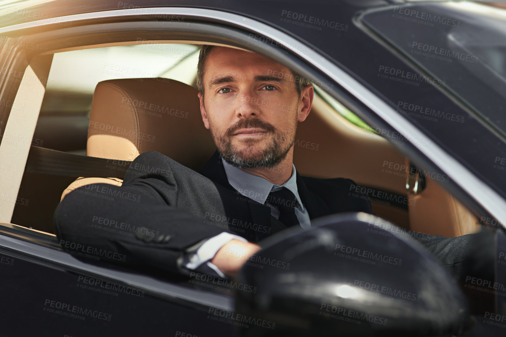 Buy stock photo Businessman, professional and driving in car with portrait for commute to corporate work or job as entrepreneur of company. Man, motor vehicle and daily journey with transportation, smile and travel.