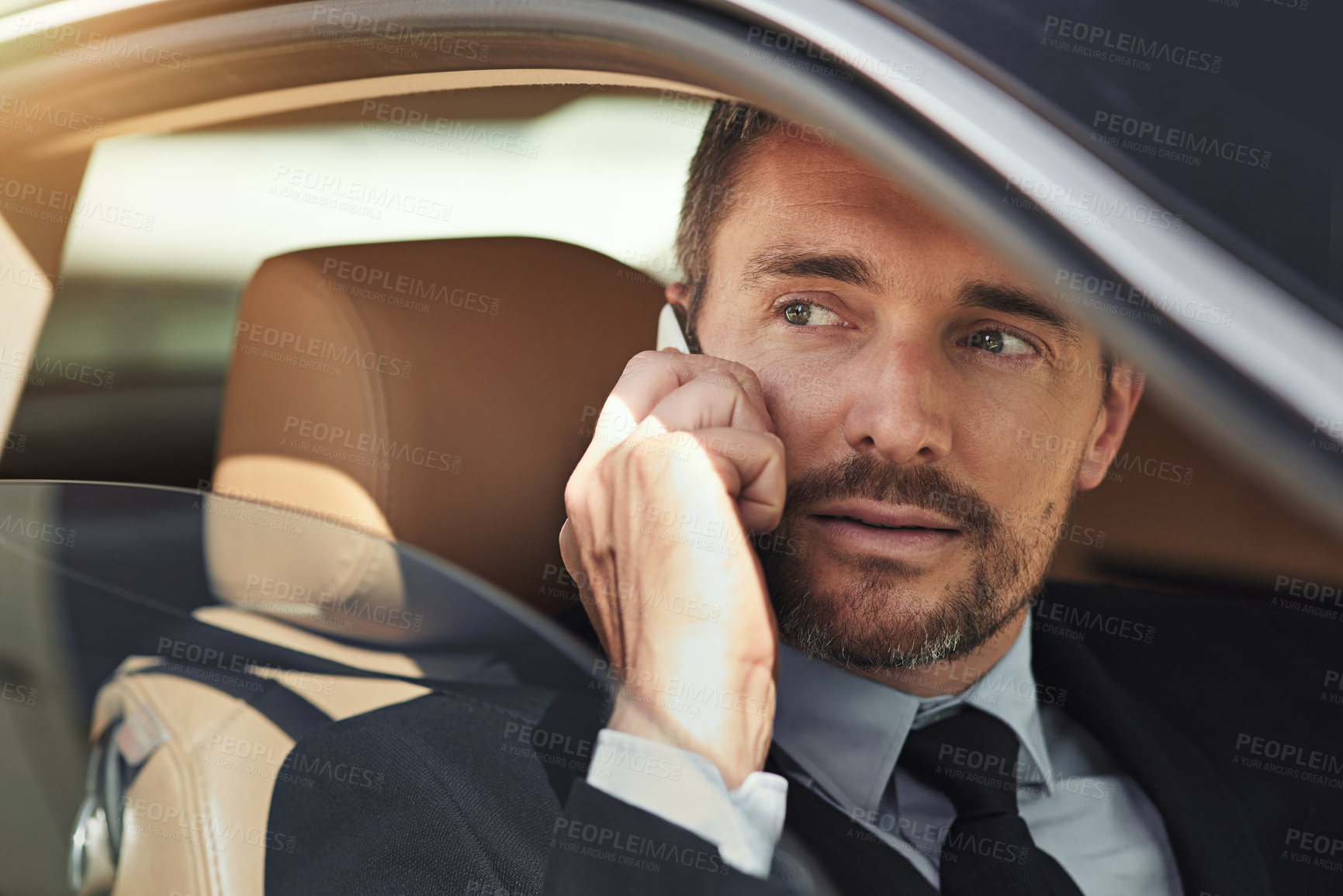 Buy stock photo Businessman, car and phone call for travel, business and work with contact or company client. Corporate lawyer, taxi and communication with law firm shareholders for merger, contract and acquisition