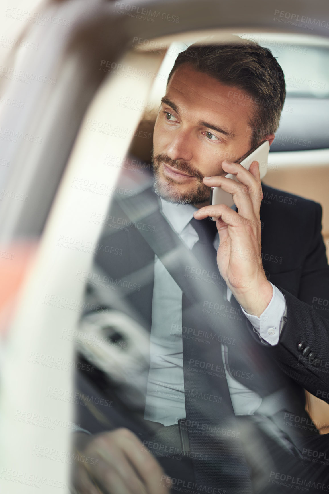 Buy stock photo Businessman, travel and conversation with phone call in car for commute, proposal or communication. Man or employee on mobile smartphone for business discussion in vehicle, taxi or cab on work trip
