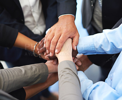 Buy stock photo Business people, group and hands stack with motivation, teamwork and support for company goals in office. Men, women and solidarity for team building, achievement and celebration at insurance agency