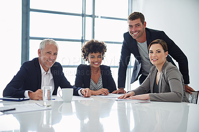 Buy stock photo Cropped shot of corporate businesspeople in the boardroom
