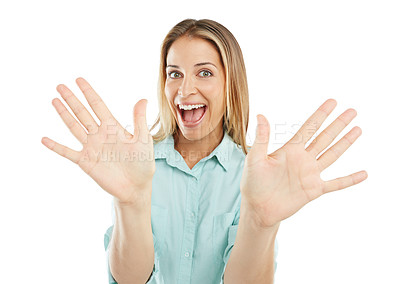 Buy stock photo Shot of a happy woman posing with her hands up against a white background