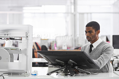 Buy stock photo 3D, designer and man with printer in office and drawing on monitor for rendering planning and research. Creative, person and printing from tablet for project, development and tech for engineering