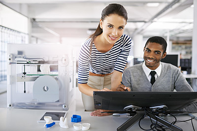 Buy stock photo Happy, engineer and people with 3D printer in office for project, collaboration and rendering design on monitor. Engineering, teamwork and excited for printing or machine in manufacturing at lab