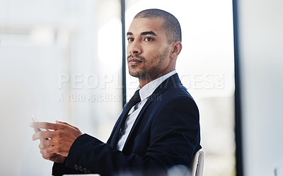 Buy stock photo Thinking, tablet and business man in office for research project, online website and internet news. Professional, corporate and person on digital tech for planning, networking and proposal report