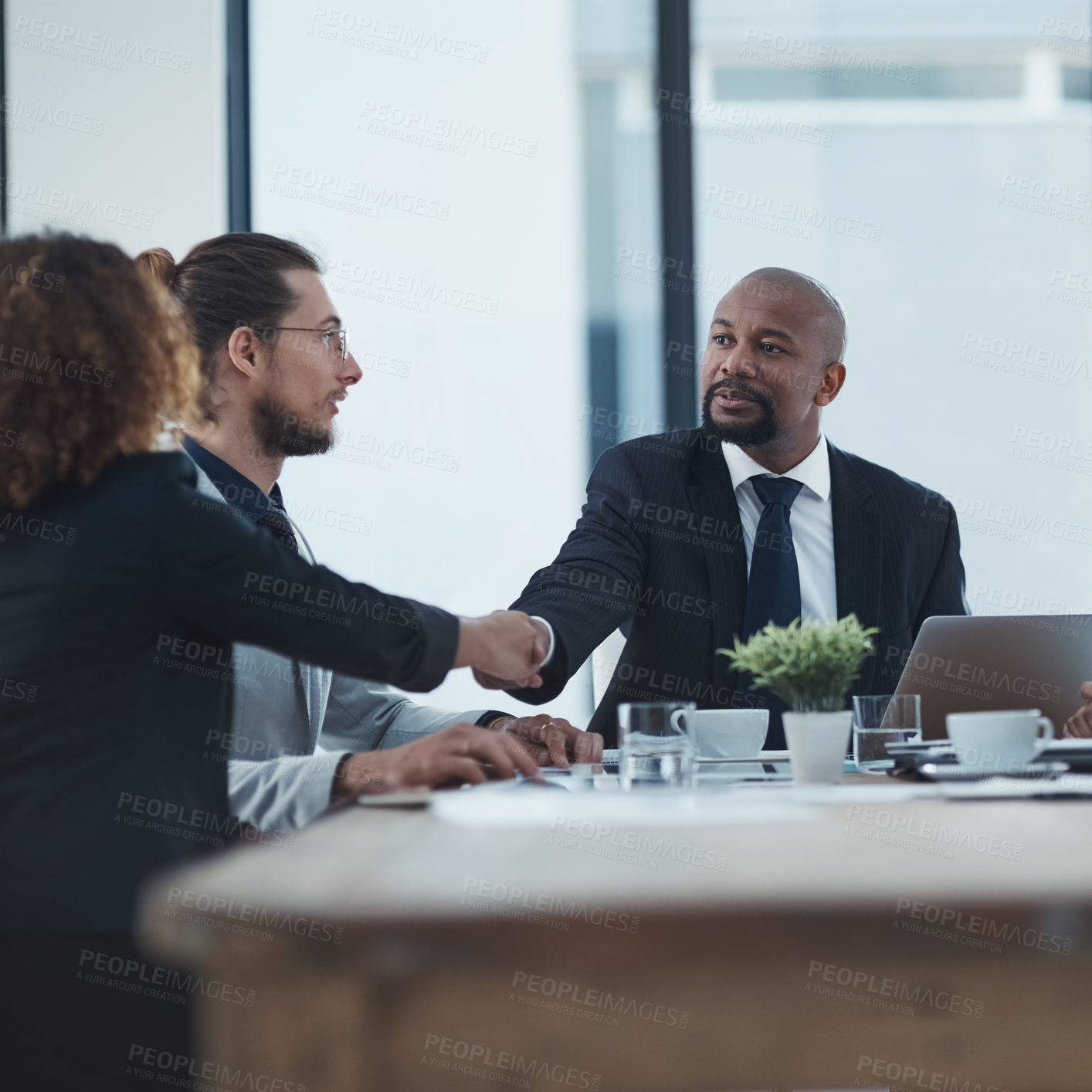Buy stock photo Handshake, meeting and business people or manager partnership, b2b onboarding and thank you, success or deal. Corporate woman, clients or employees shaking hands for thanks, hiring or job negotiation