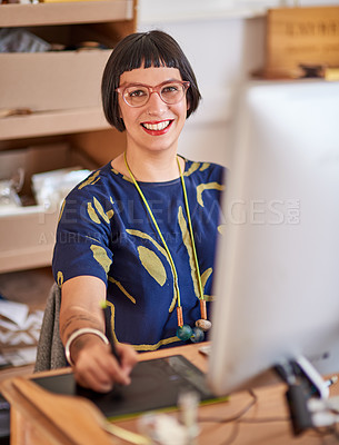 Buy stock photo Portrait, woman and graphic designer on computer, desktop in studio for clients or company as entrepreneur. Female person, technology and workshop for online in website, small business and startup