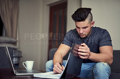 Buy stock photo Laptop, writing and man in home for remote work with internet connection, info research and notes for planning agenda. Write, computer and male journalist in house with book and investigation report