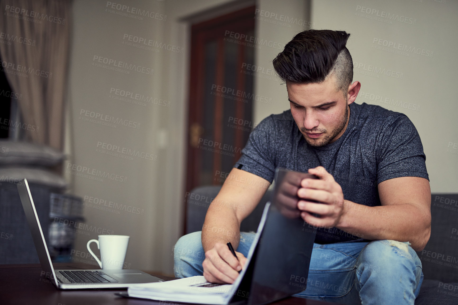 Buy stock photo Laptop, writing and man in home for remote work with internet connection, info research and notes for planning agenda. Write, computer and male journalist in house with book and investigation report