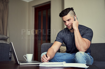 Buy stock photo Phone call, computer and man on couch for remote or work, working from home and freelance job. Networking, communication and person on laptop for planning, online discussion and conversation in house