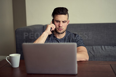 Buy stock photo Smartphone, laptop and man on phonecall for remote work, browsing from home or freelance job. Communication, networking and call on cellphone for planning, online conversation and discussion in house