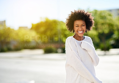Buy stock photo Portrait of a happy young woman going in the city