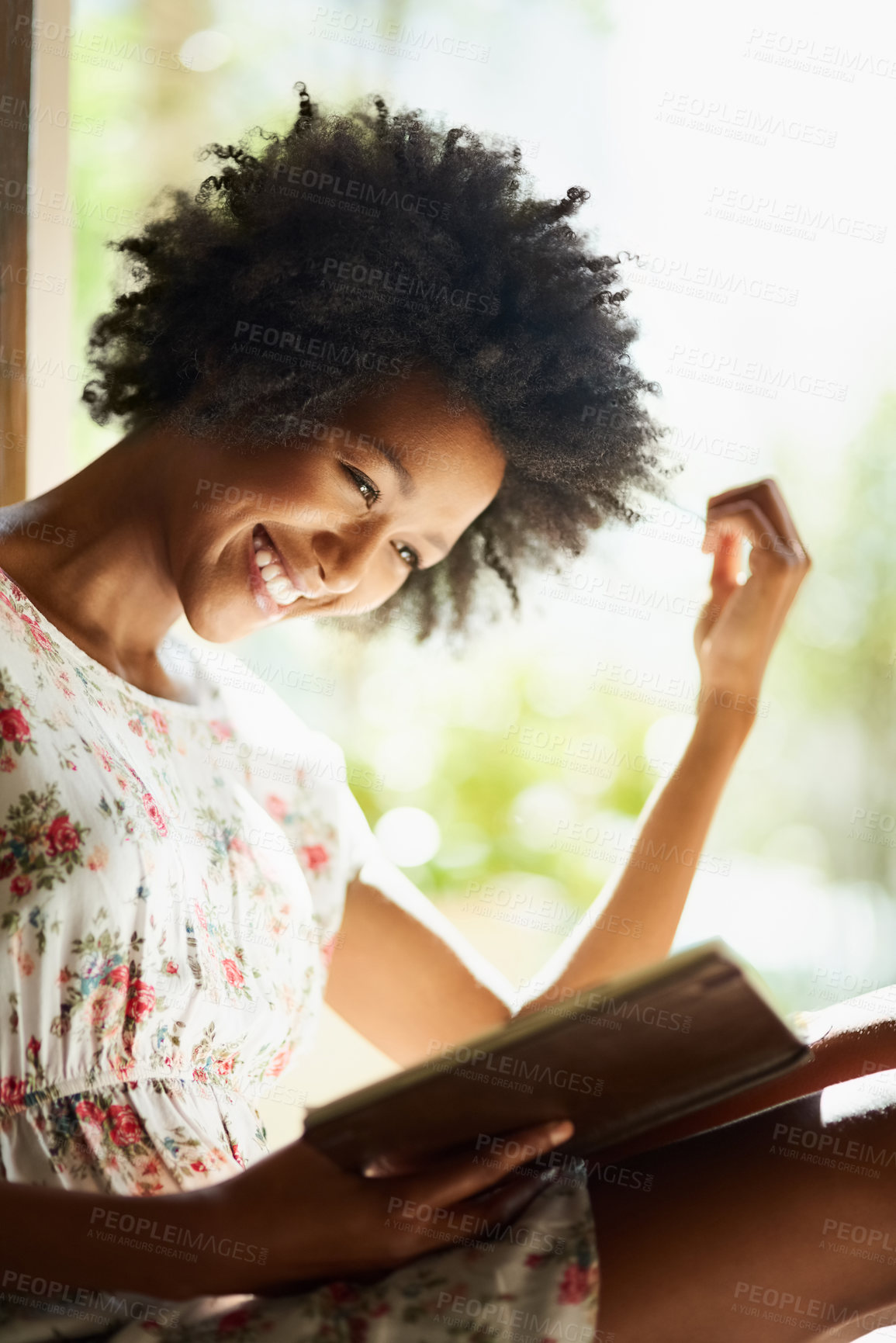 Buy stock photo Woman, reading and book in home or relax, door way and sitting on floor for comfort with literature or novel for hobby. Fiction, fantasy and knowledge or information on weekend, apartment and happy 