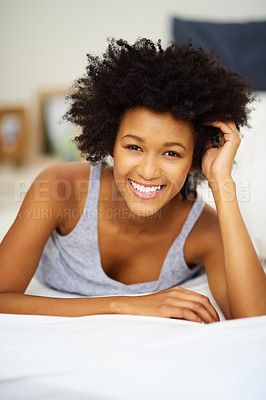Buy stock photo Black woman, wake up and portrait in home bedroom for sleep, rest and recovery or alone time on weekend. Female person, peaceful or comfortable in bed awake for morning, break or holiday in apartment