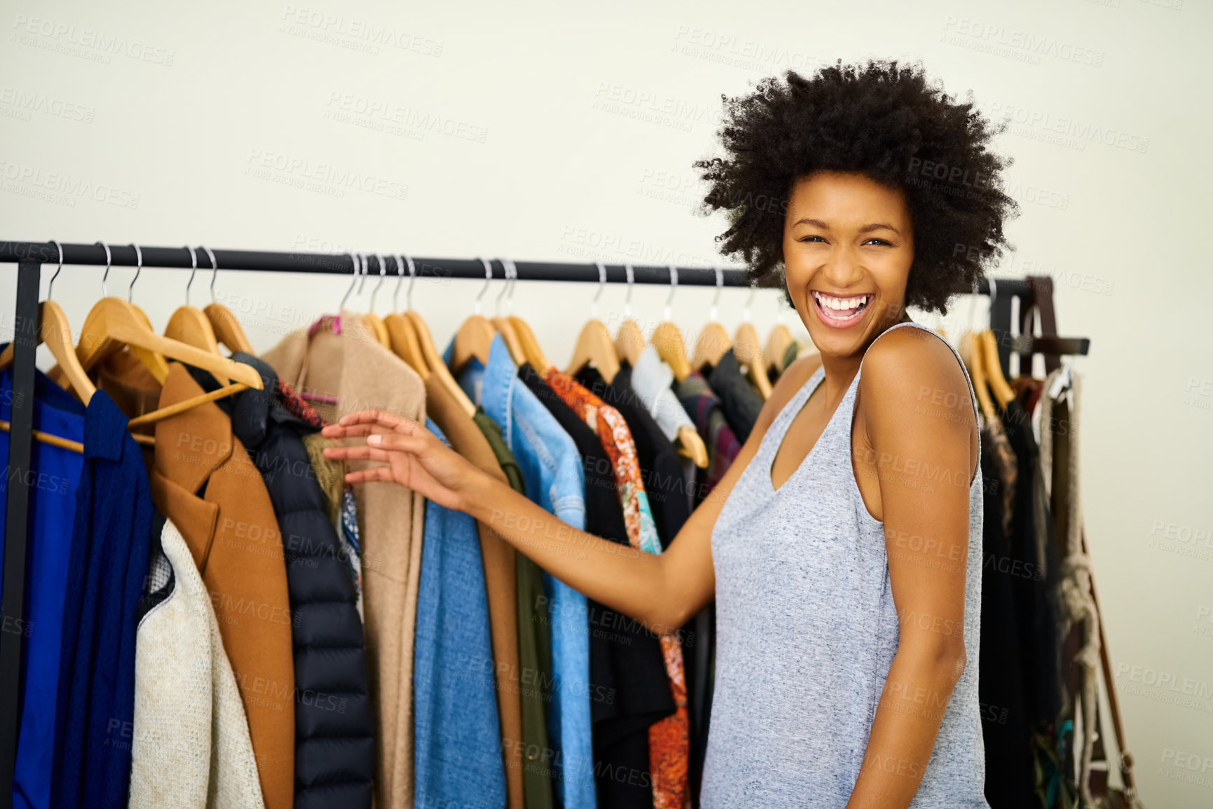 Buy stock photo Woman, portrait and rack of clothes in home with smile for fashion, choice and excited to start morning. Girl, person and happy with style, decision and ready for routine by wardrobe in apartment