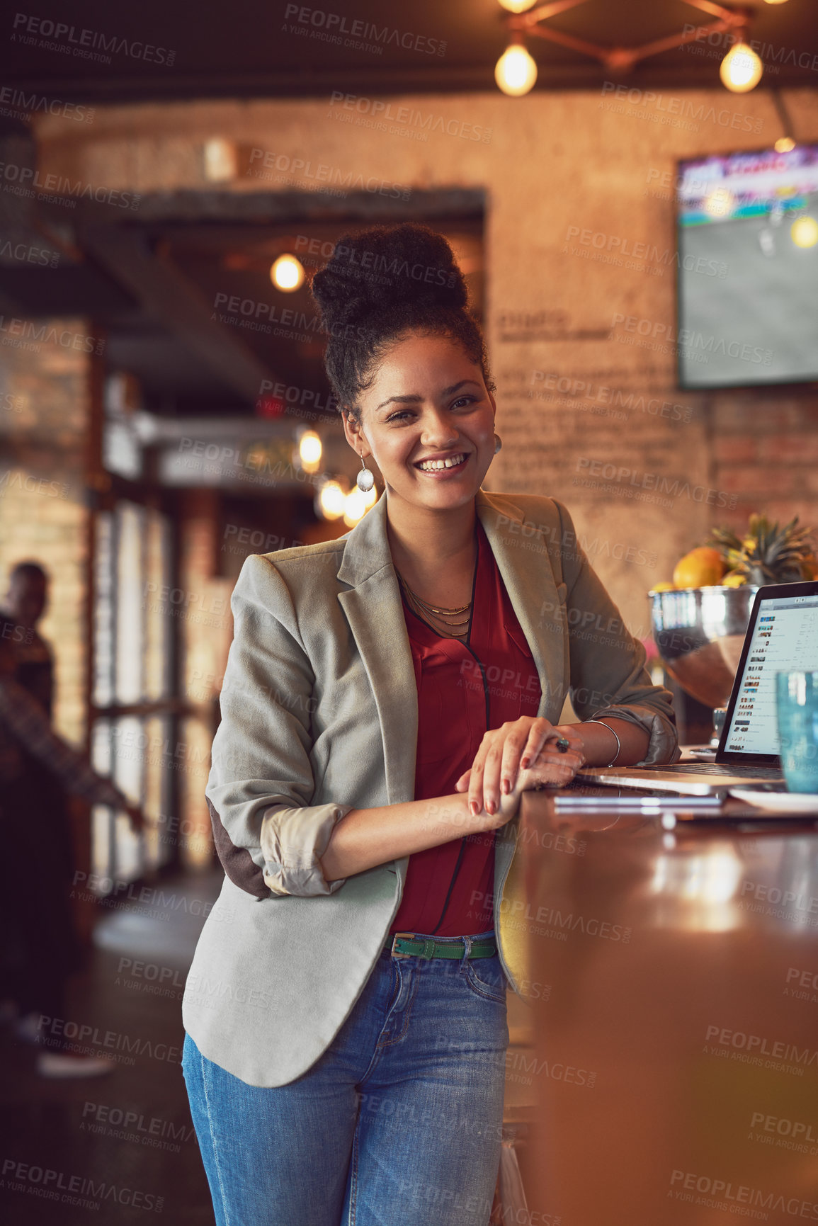 Buy stock photo Happy woman, portrait and cafe with laptop for small business, management or startup. Female person, owner or entrepreneur with smile on computer for online service or connectivity at coffee shop