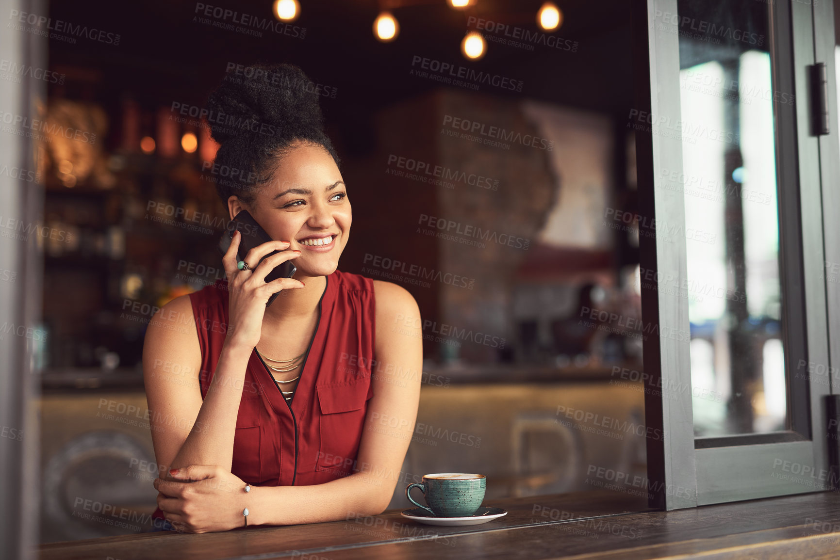 Buy stock photo Happy woman, coffee and window with phone call for business discussion, proposal or chat at restaurant. Female person or young freelancer talking on mobile smartphone for communication at indoor cafe