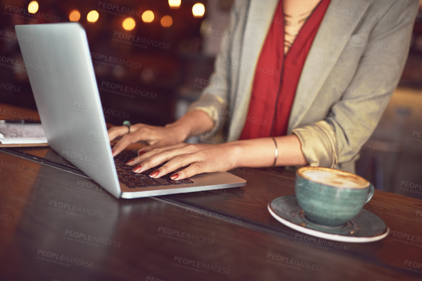 Buy stock photo Laptop, hands and woman with coffee in cafe working on freelance creative project online. Technology, cappuccino and female copywriter typing on computer for research on internet at restaurant.