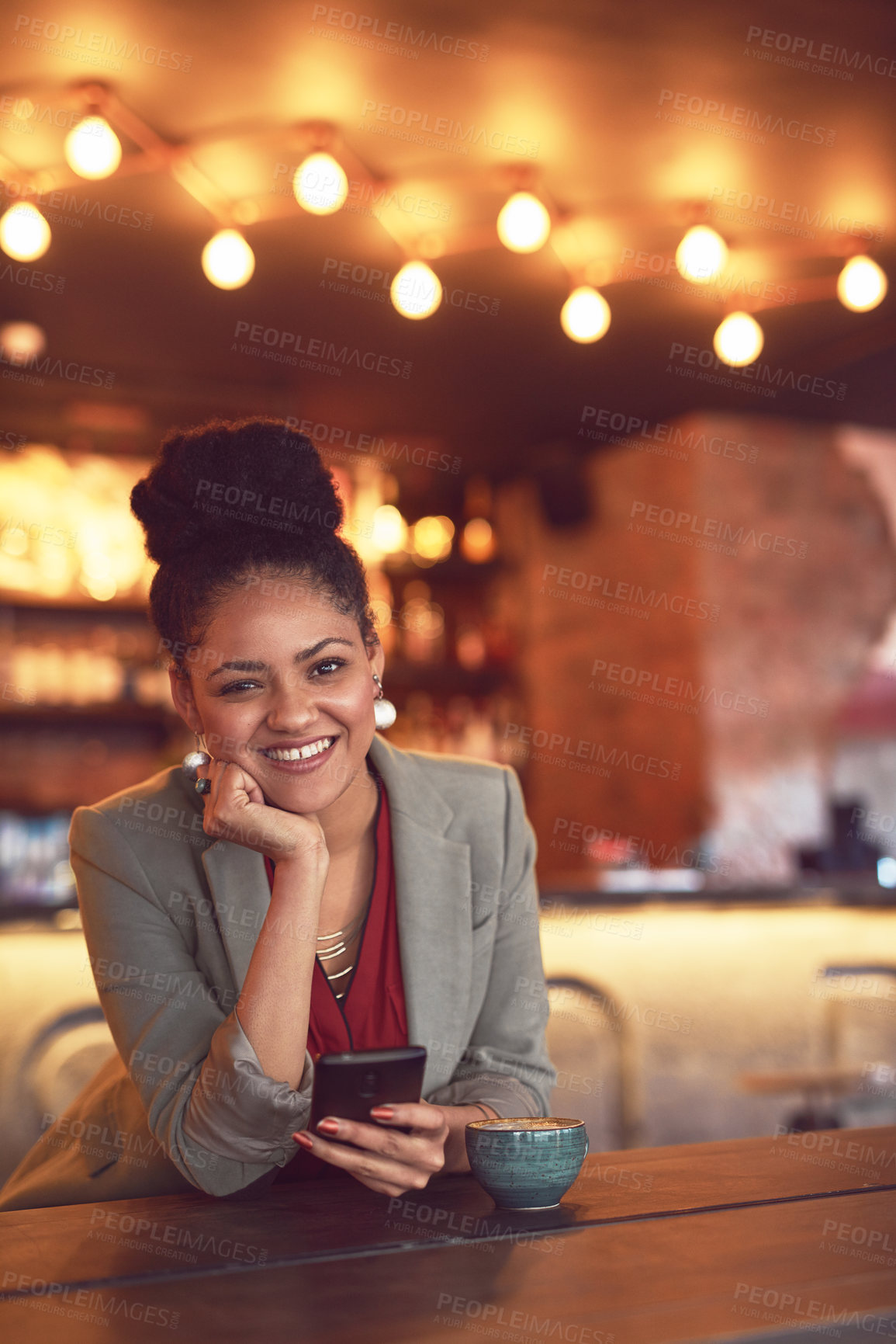 Buy stock photo Business woman, coffee and phone portrait at restaurant with social media and remote work break with smile. Tech, tea and bar with online, digital and web scroll at cafe table with drink and internet