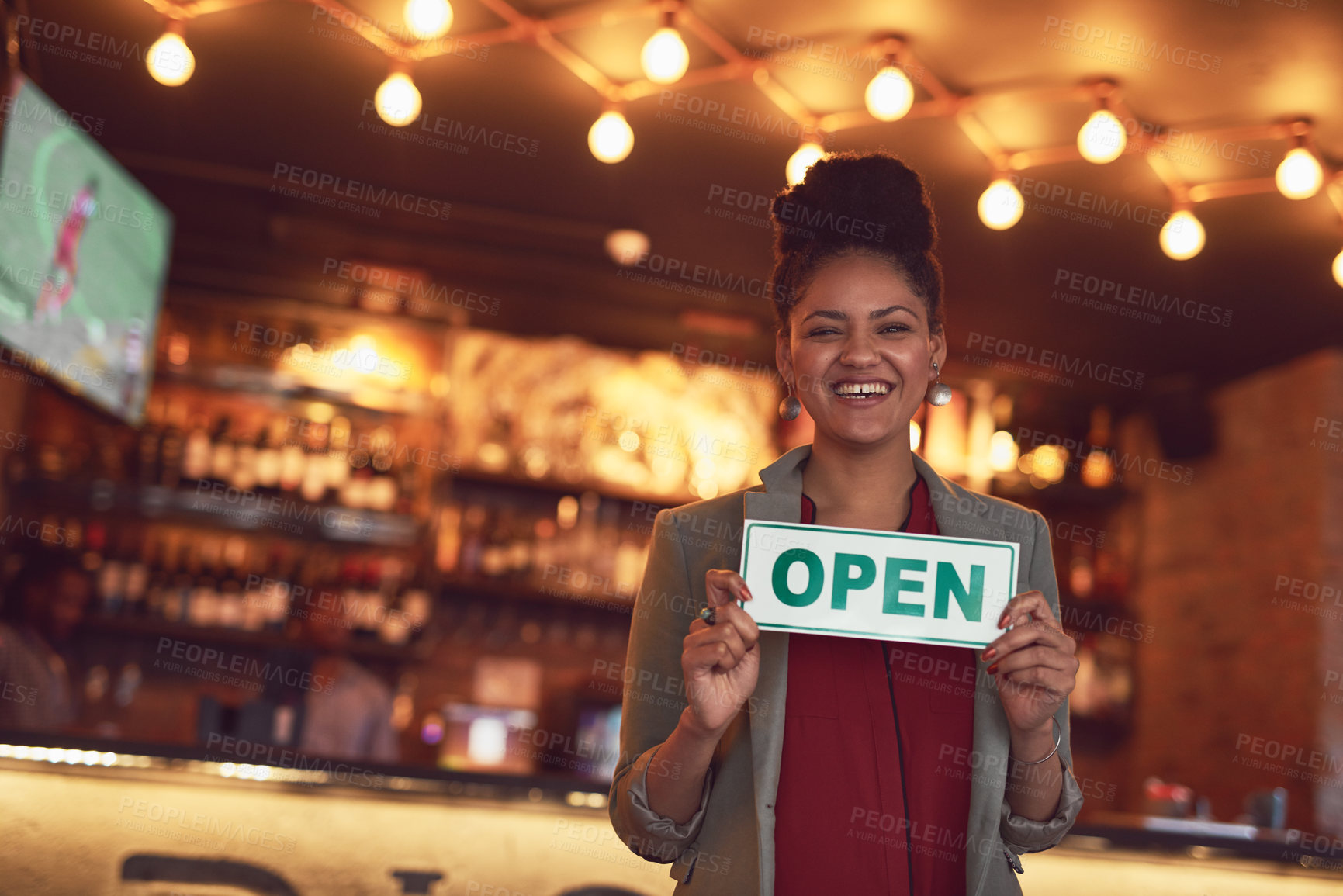 Buy stock photo Happy, woman and portrait with open sign in restaurant for customer service, welcome and start of day. Hospitality, small business and female person with board for promotion, poster or ready for work