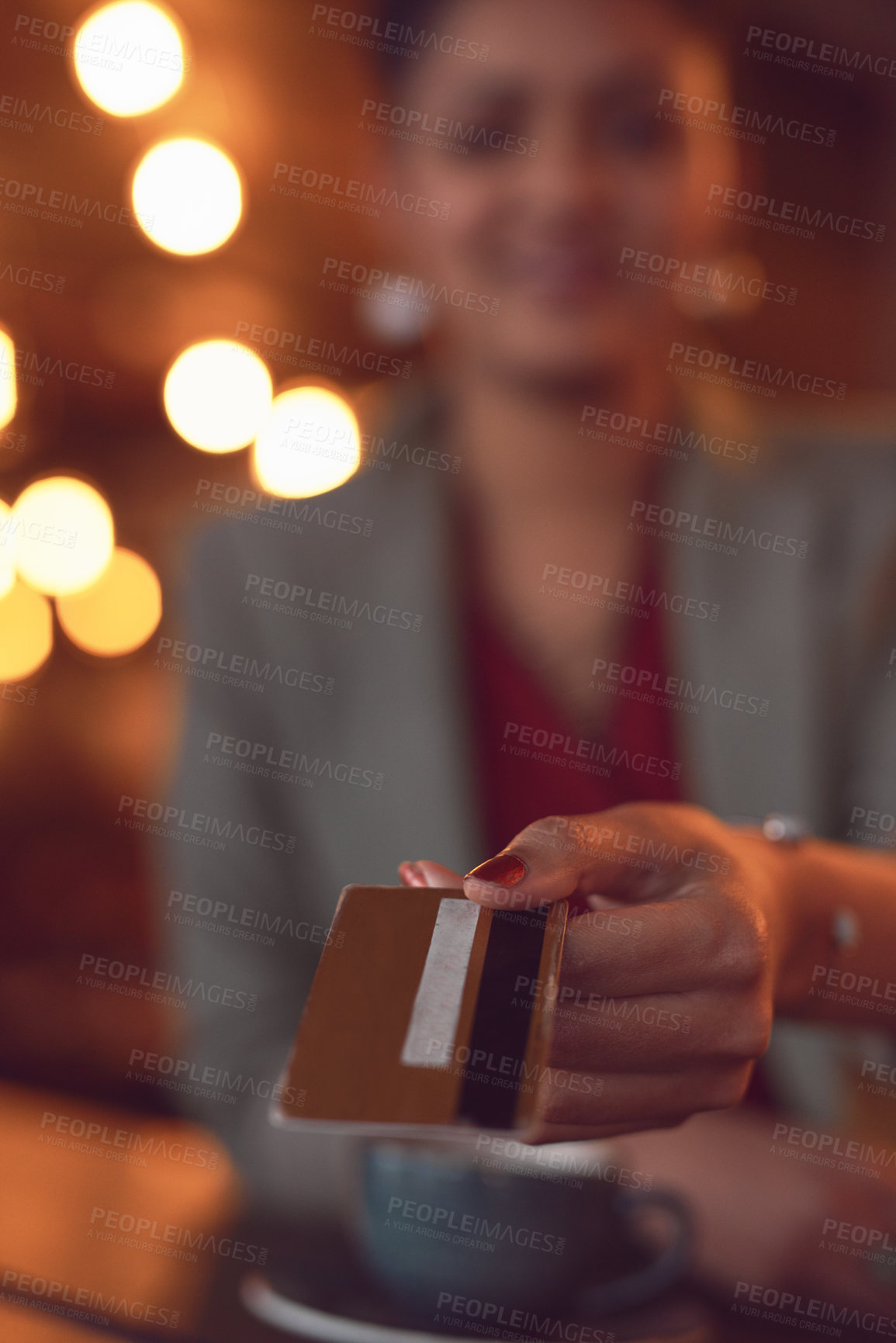 Buy stock photo Hand, credit card and woman paying for coffee in cafe for hospitality service with paperless pos. Checkout, barista and female person with payment for cappuccino, espresso or latte in restaurant.