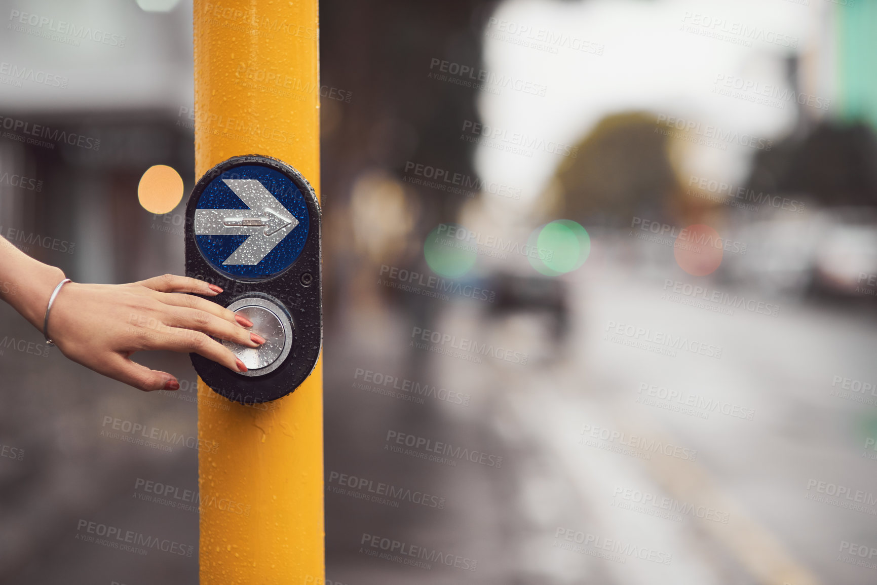 Buy stock photo Travel, hand and woman with button by traffic light for crossing intersection with safety. Crosswalk, arrow sign and female pedestrian at stop for walking in street for transport and warning in city.