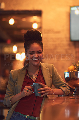 Buy stock photo Smile, coffee and portrait of woman in cafe for morning with positive, good and confident attitude. Happy, pride and female person from Colombia with cup of espresso, caffeine or latte in restaurant.