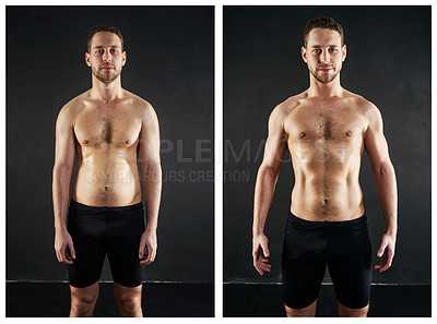 Buy stock photo Before and after shot of a shirtless young man posing against a dark background