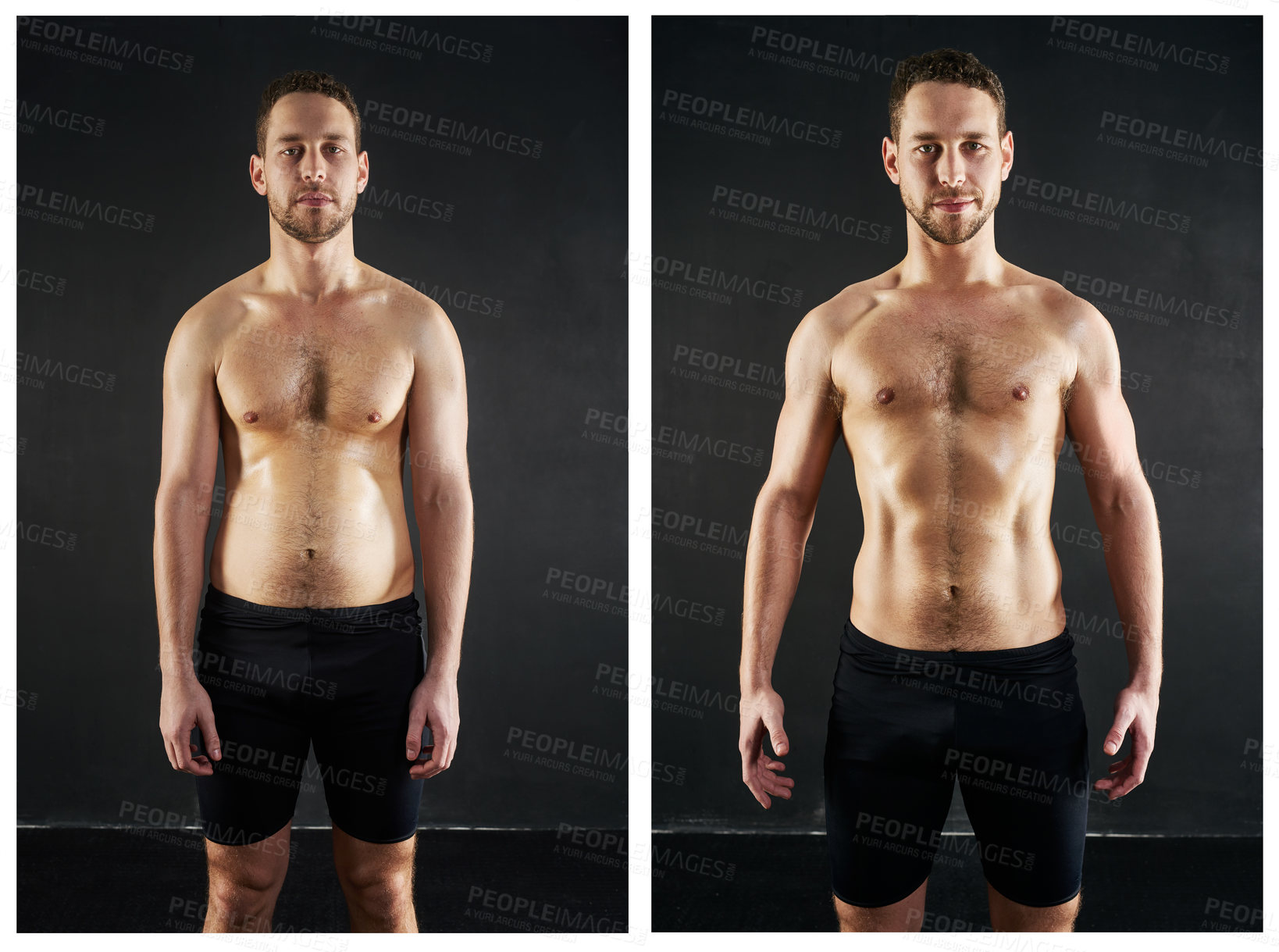 Buy stock photo Before and after shot of a shirtless young man posing against a dark background