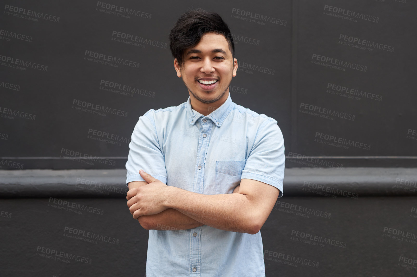 Buy stock photo Happy, man and outside portrait with crossed arms on break, small business owner and confident or entrepreneur pride. Professional, Filipino male person and creative startup, smiling and career goals