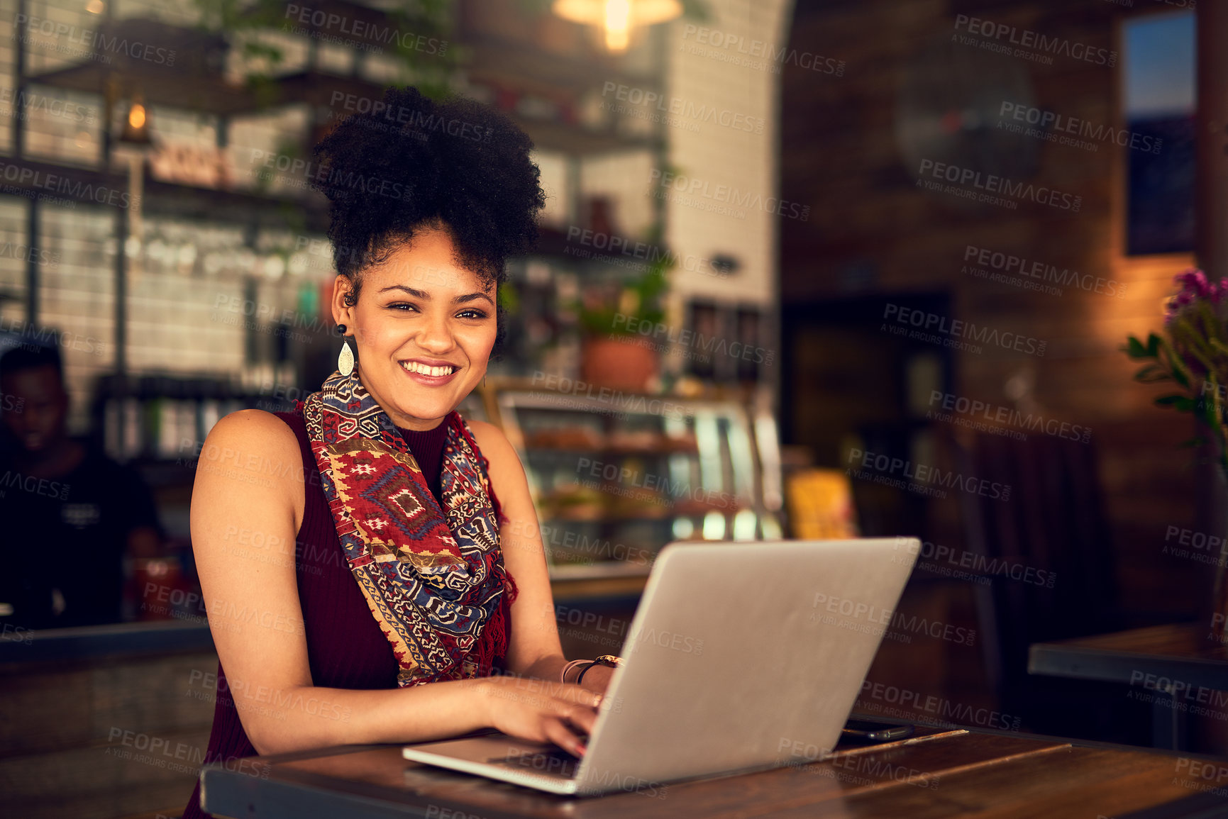 Buy stock photo Laptop, portrait and happy woman typing in coffee shop for email, blog and article in restaurant. Computer, freelancer and face of copywriter in cafe on internet, remote work or customer research
