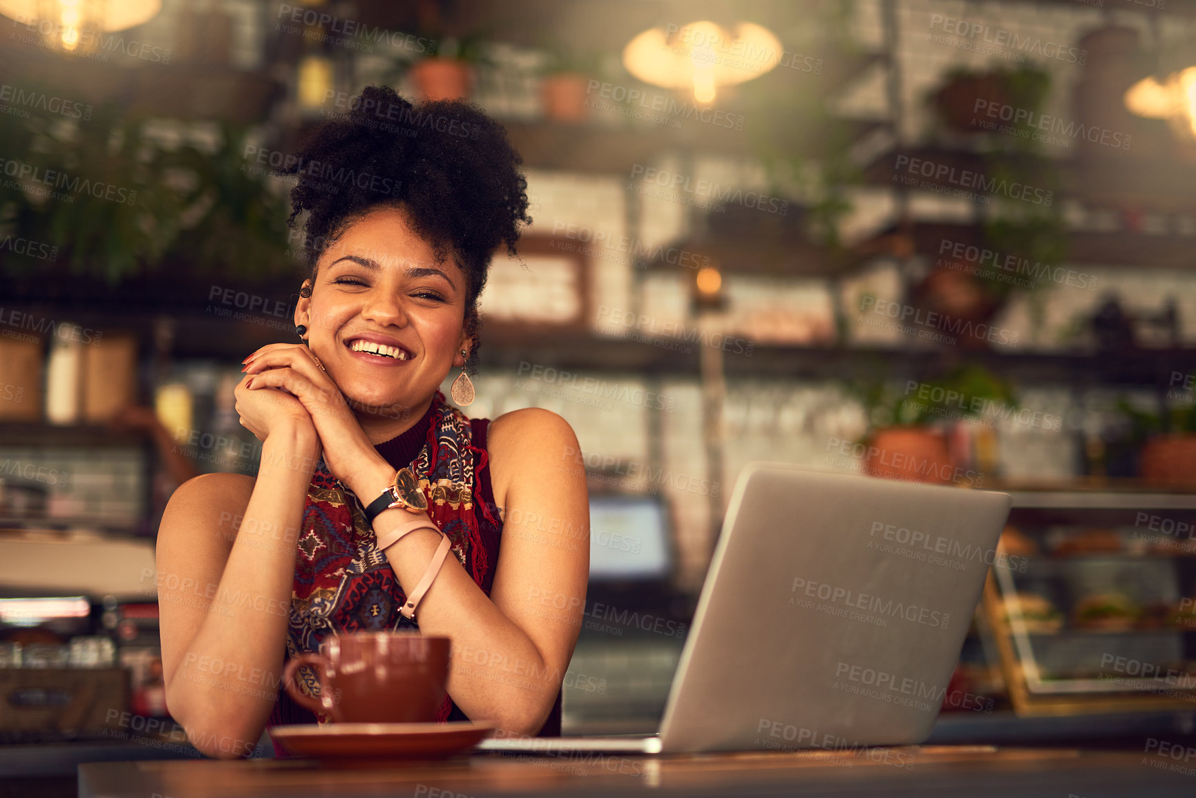 Buy stock photo Laptop, portrait and happy woman in coffee shop for remote work email, blog and article in restaurant. Computer, freelancer and face of copywriter in cafe on internet, website or customer in Brazil