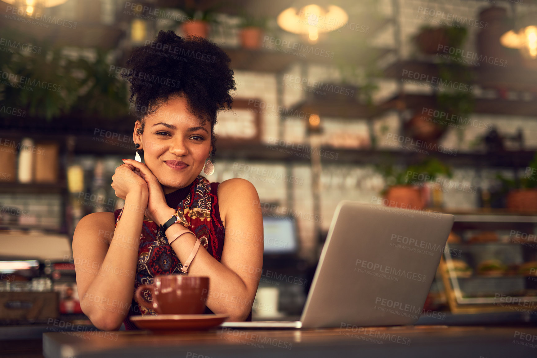 Buy stock photo Laptop, portrait and woman in coffee shop for remote work email, education and study in restaurant. Computer, freelancer and face of student in cafe on internet, relax or customer learning in Brazil