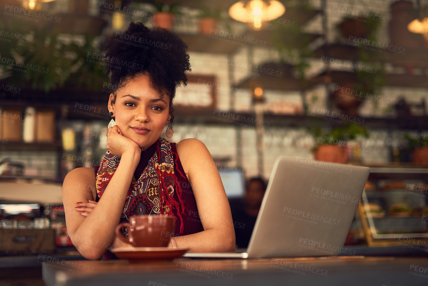Buy stock photo Laptop, portrait and confident woman in coffee shop for remote work email, education and study in restaurant. Computer, freelancer and face of student in cafe on internet, relax or customer in Brazil