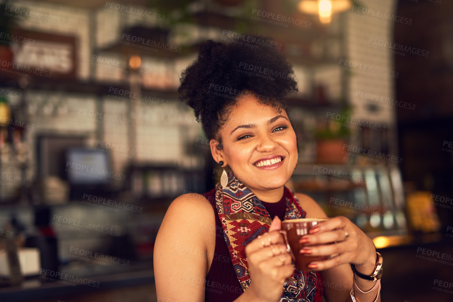 Buy stock photo Woman, portrait and happy with coffee in cafe, beverage and casual for break. Person, smile and drinking with mug at  barista for relaxation, atmosphere and cozy with tea for weekend at restaurant