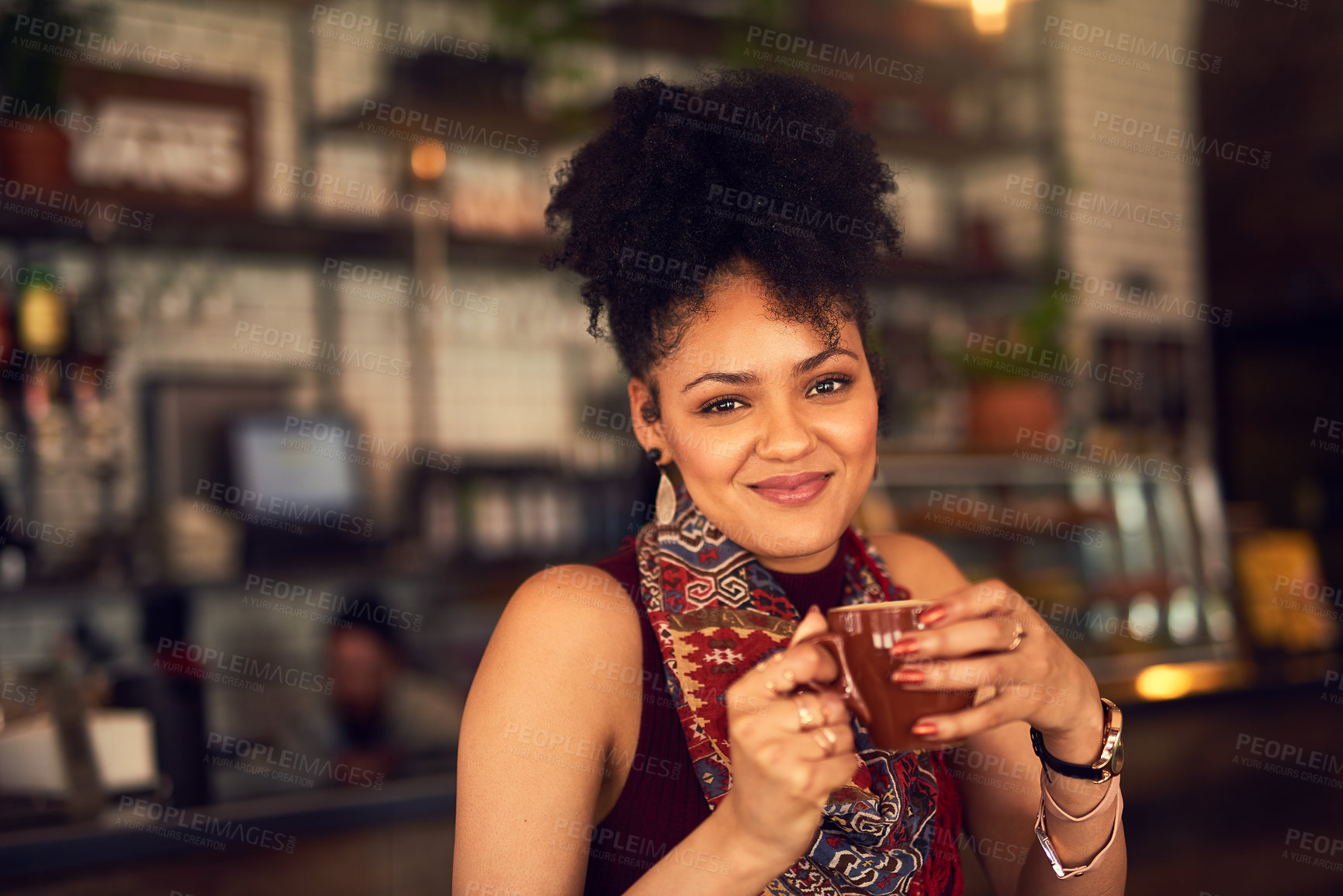Buy stock photo Woman, thinking and cafe with coffee cup and smile, portrait and drink in restaurant for caffeine. Hands, customer or calm with cappuccino mug from barista in bistro, female person and idea or vision