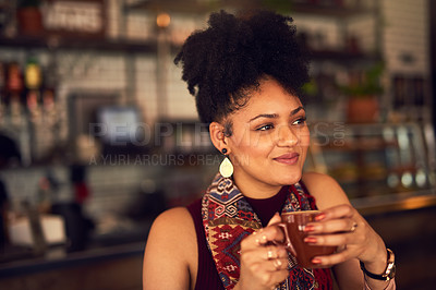 Buy stock photo Woman, thinking and cafe with coffee cup and smile, drink and tea in restaurant for caffeine. Hands, customer and calm with cappuccino mug from barista in bistro, female person and ideas or vision 