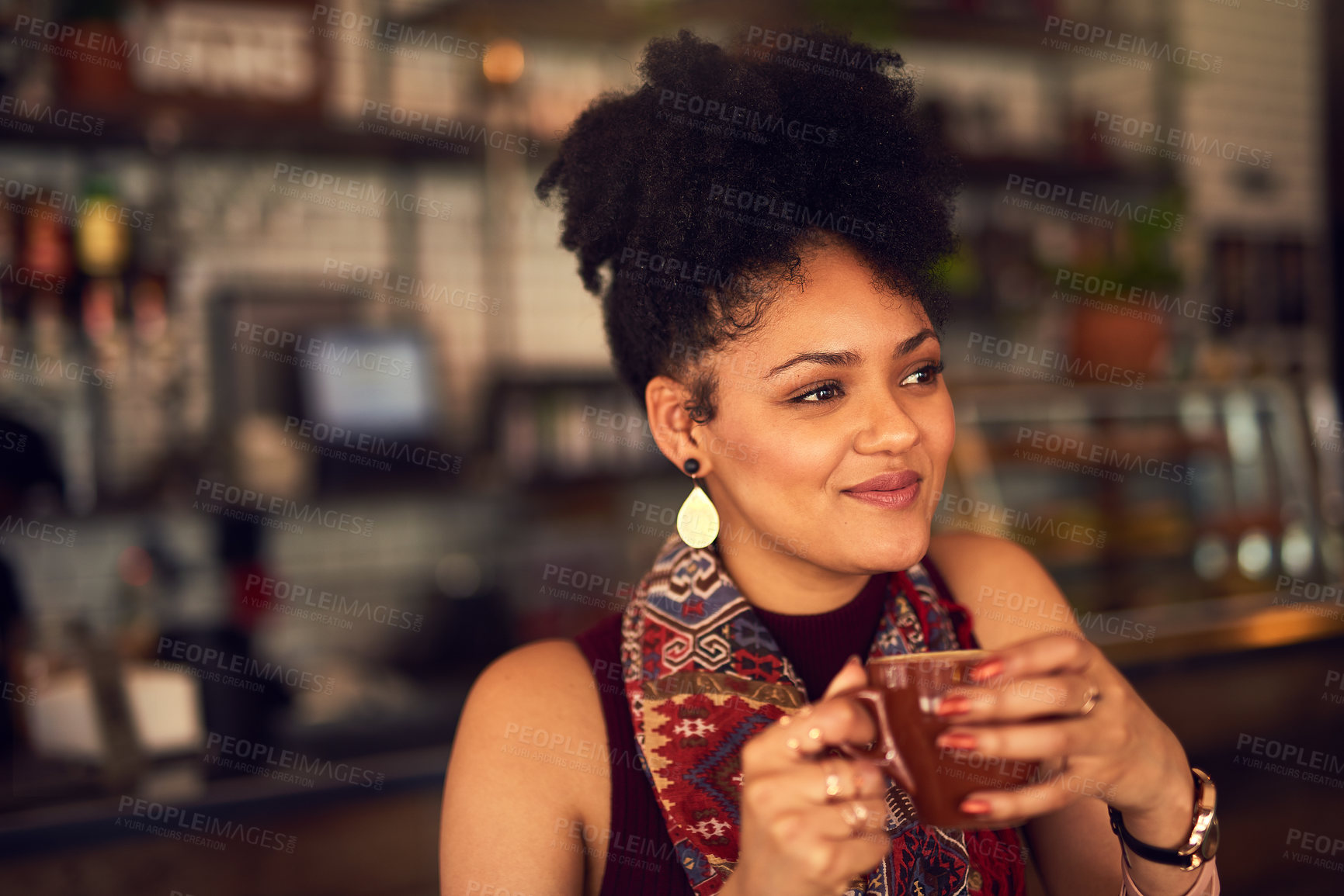 Buy stock photo Woman, thinking and cafe with coffee cup and smile, drink and tea in restaurant for caffeine. Hands, customer and calm with cappuccino mug from barista in bistro, female person and ideas or vision 