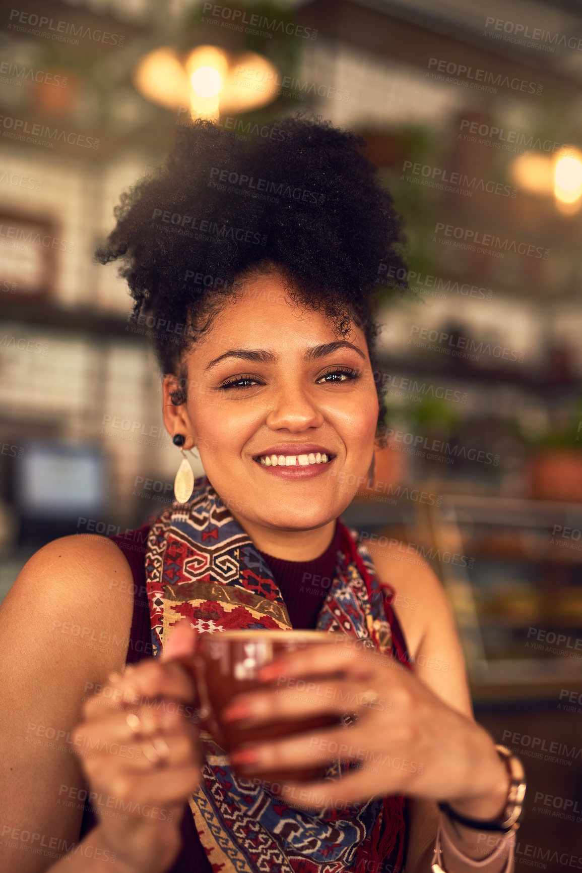 Buy stock photo Woman, portrait and drinking espresso at cafe, relax and smile for peace or calm in restaurant. Female person, coffee cup and happy customer at bistro, warm beverage and weekend cappuccino to enjoy