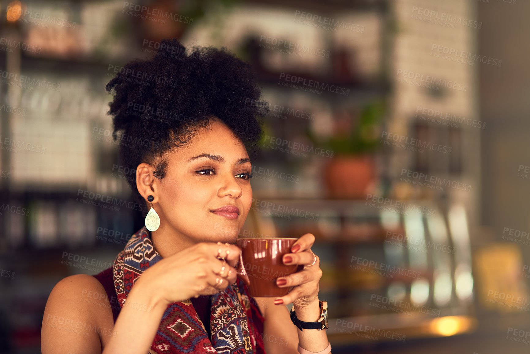 Buy stock photo Woman, thinking and drinking espresso at cafe, relax and tea for peace or calm in restaurant. Female person, coffee cup and customer ponder at bistro, beverage and weekend cappuccino for daydreaming