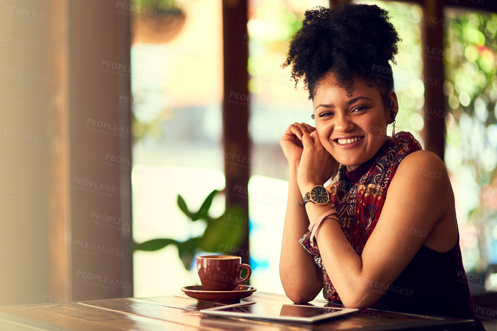 Buy stock photo Woman, portrait and tablet for freelancer at cafe, espresso and online for research in restaurant. Female person, coffee cup and app for planning at bistro, warm beverage and website for information